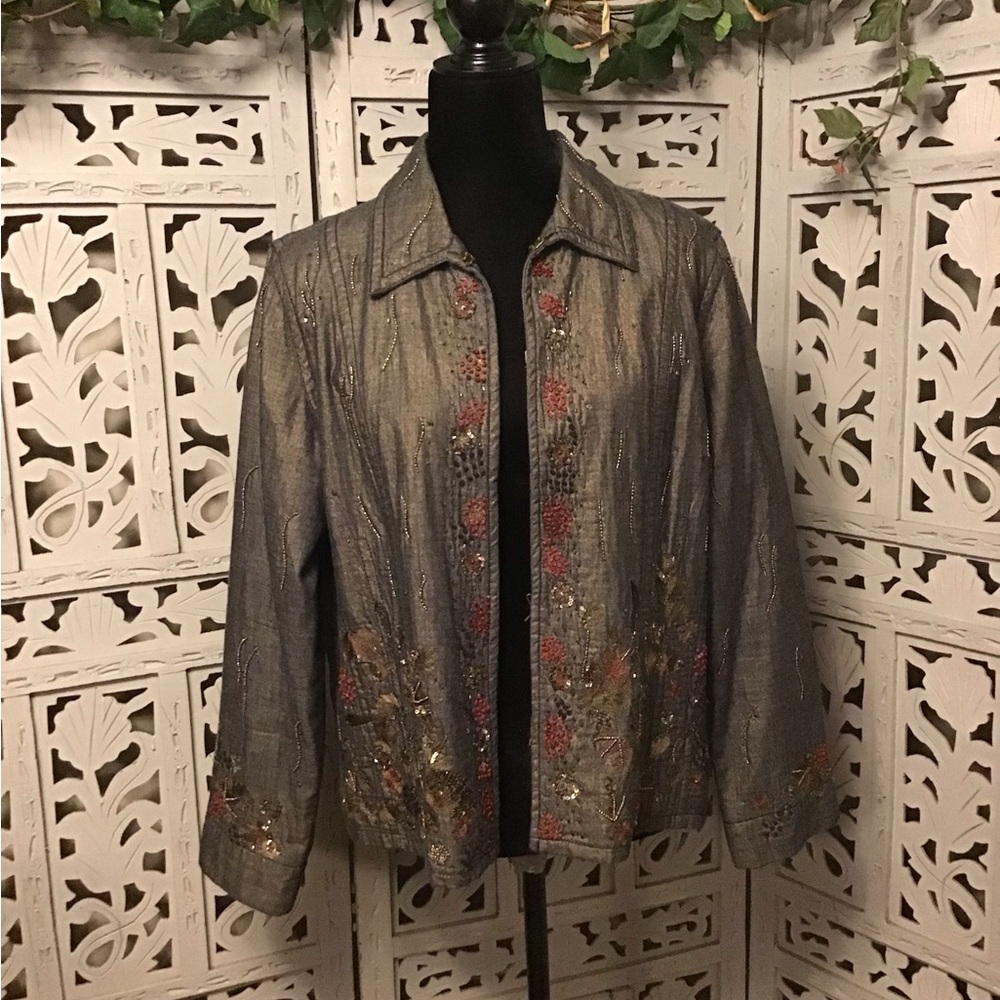 CHICO’S TERRIFIC BLACK BRONZE IRREDENTIST COTTON SHELL BEADED LONG SLEEVE JACKET